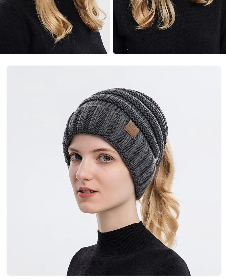 Winter Knitted Hats Ladies Hair Ponytail Caps Can Hang Masks Women Outdoor Warm Woolen Female Cap Skullies Bonnet ski beanie