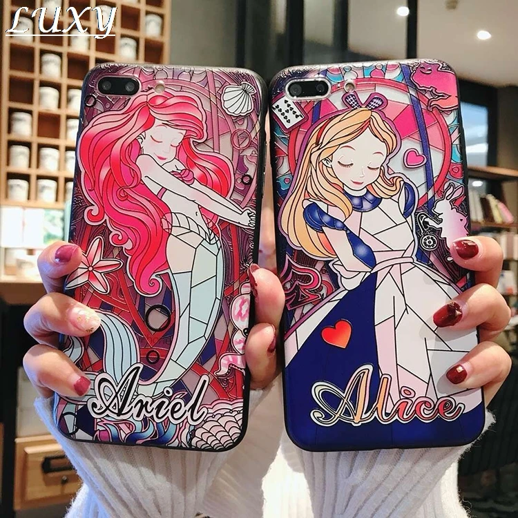 Cartoon Girl princess relief Case For iPhone 7 8 6 6s Plus Mermaid Alice Minnie CHIP DALE Cover IPhone X XS Max Xr Tangled |