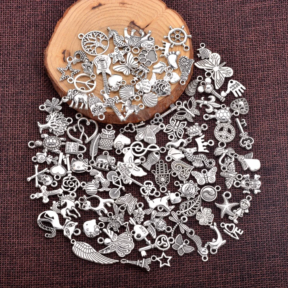 

100pcs Mix Antique Silver Vintage Alloy Pendant Charms Fit DIY Jewelry Making Findings Bracelets Mixed Metal Charms