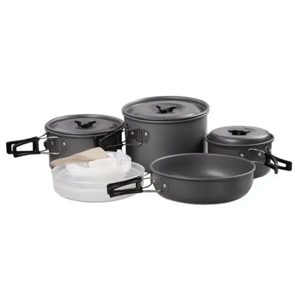 14 Pieces Outdoor Camping Hard Alumina Cookware Mess Kit  Utensils PP Dishes Bowls Spoon for 5 Person