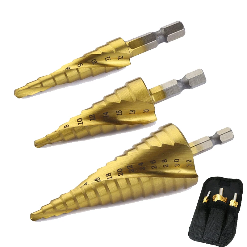 3Pcs/set 4-12mm 4-20mm 4-32mm HSS Hex Spiral Step Drill Bit Titanium Coated Wood Metal Hole Cutter Power Carpentry Wood Tools 3pcs hex core step drill bit 4 12mm 4 20mm 4 32mm hss straight groove titanium coated wood metal hole cutter drilling power tool