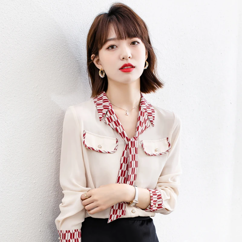 Fashion long-sleeved shirt female Autumn new 2021 v-neck printed bowknot design chiffon Women Blouse Shirt Formal Work | Женская одежда