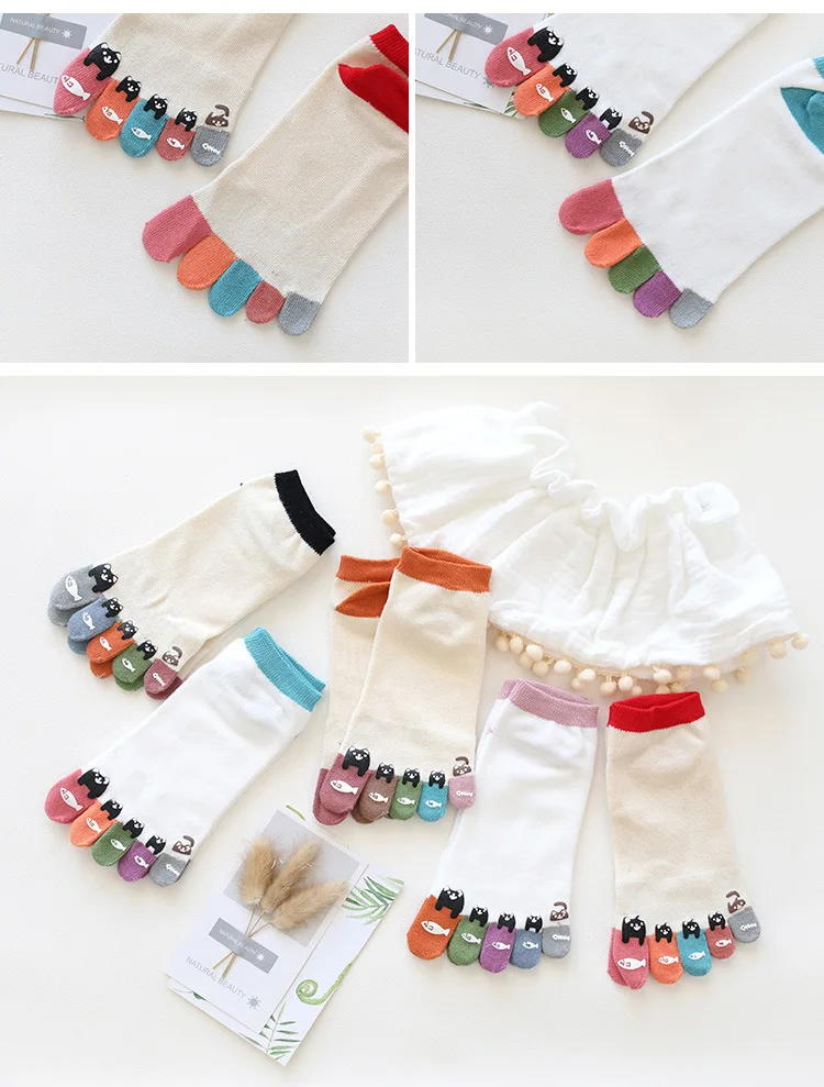 5 Pairs/Lot Cute Ankle Five Finger Socks Woman Cotton Cat Bear Dispensing Fashion Harajuku Girls No Show Socks With Toes Novelty hue socks