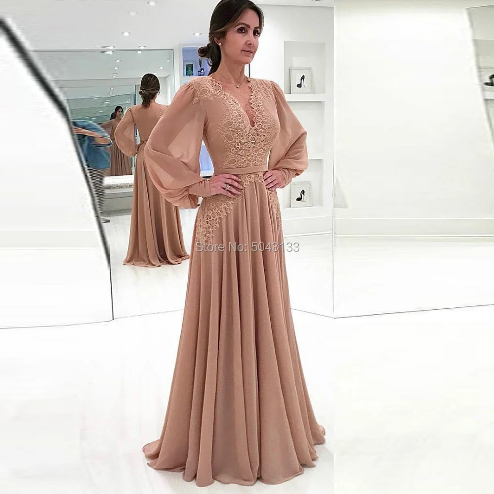 

2020 New Long Sleeves Chiffon Mother of the Bride Dresses Formal Godmother Evening Wedding Party Guests Gowns V Neck Plus Size