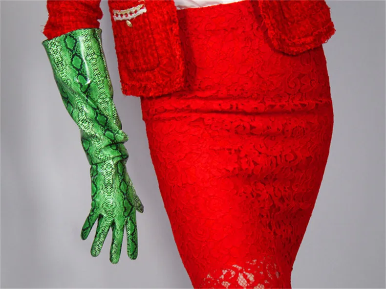 Snakeskin Short Gloves 21cm Patent Leather Emulation Leather PU Bright Leather Animal Python Green Snake pattern Female WPU105