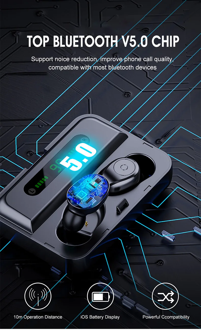 TWS наушники Bluetooth 5,0 Беспроводные спортивные наушники Hi-Fi стерео звук вкладыши с портативным микрофоном и зарядным устройством