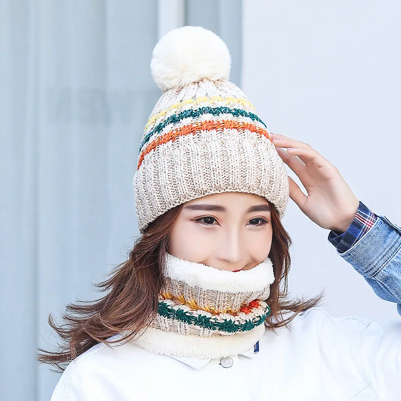 Новинка, симпатичный помпон, зимняя женская шапка, модные бархатные теплые шапки, вязанные шапки-бобы, брендовая Толстая Женская шапка с нагрудным воротником