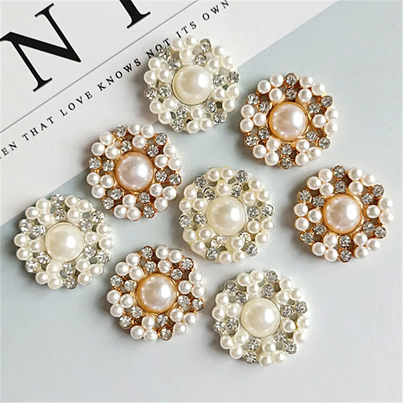 

10 pcs/lot 22mm*22mm Flower Alloy Pearls Rhinestone Buttons for Clothing Coat Diy Handmade Hair Bow Necklace Jewelry Accessories