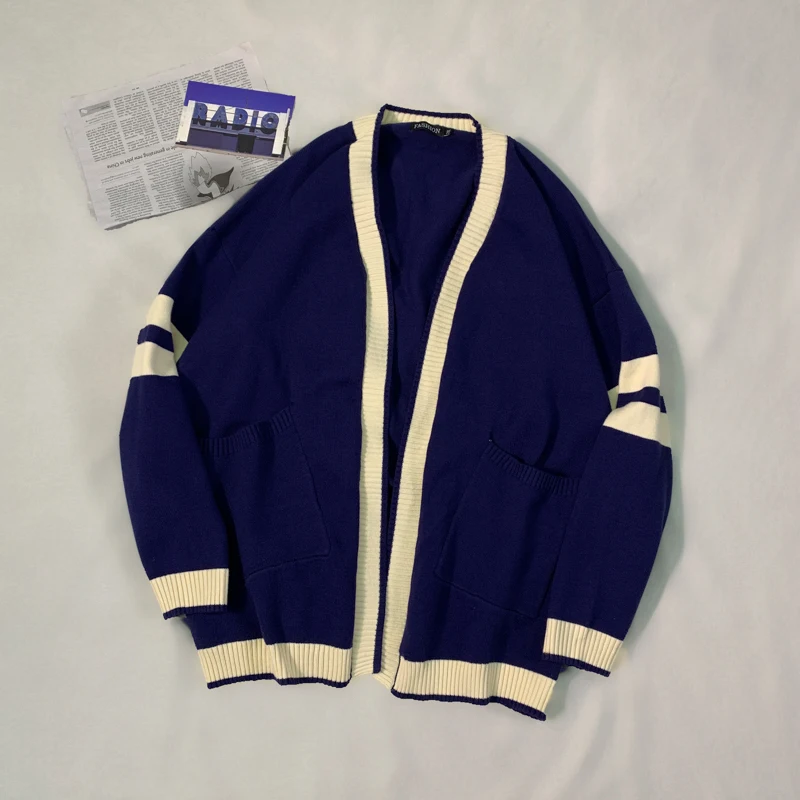 navyblue Осенний кардиган мужской модный контрастный цвет Повседневный вязаный свитер с v-образным вырезом куртка Мужской Дикий свободный свитер с длинными рукавами мужской - Цвет: navyblue
