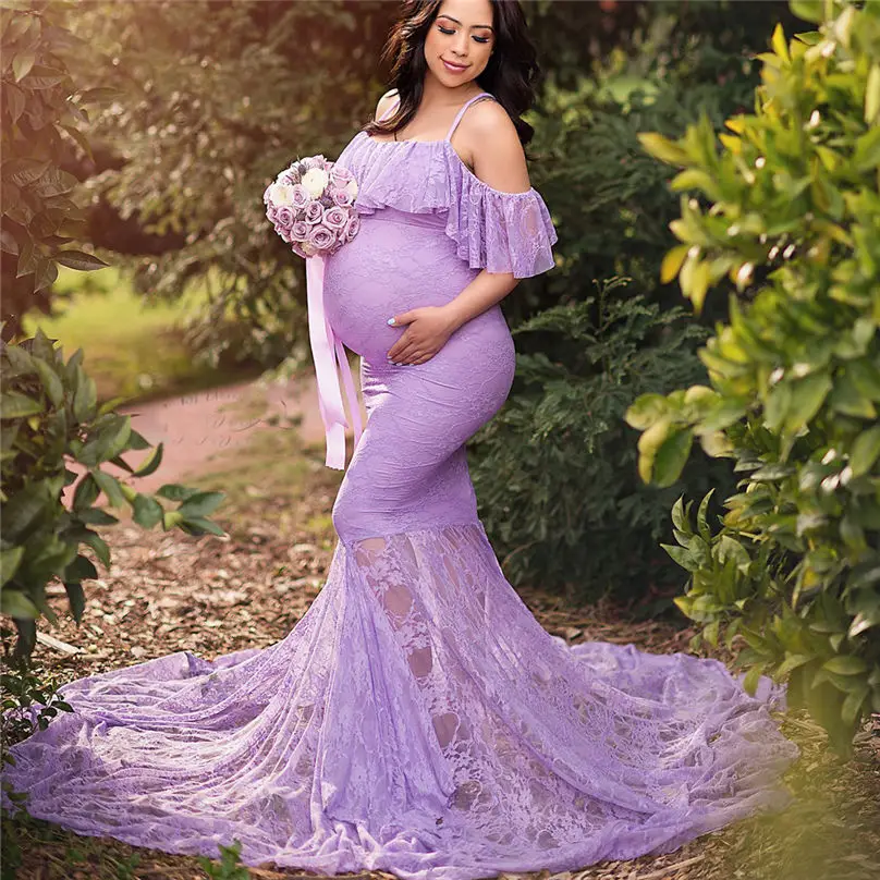 2019 New Women Pregnants Sexy Dress Photography Props Short Sleeve Maternity Solid Lace Long Dress Vestidos 4S18 (4)