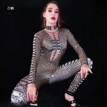 

Sexy Bodysuit Women rhinestone Nightclub DJ DS Stretch Jumpsuit Long Sleeve Leotard Stage Dance Wear performance figure skating
