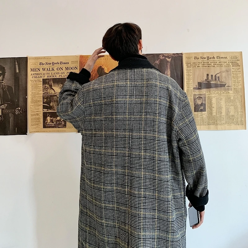 Зимнее новое длинное шерстяное пальто Мужская модная Повседневная Ретро шерстяная куртка Мужская Уличная свободная клетчатая куртка Мужское пальто M-XL