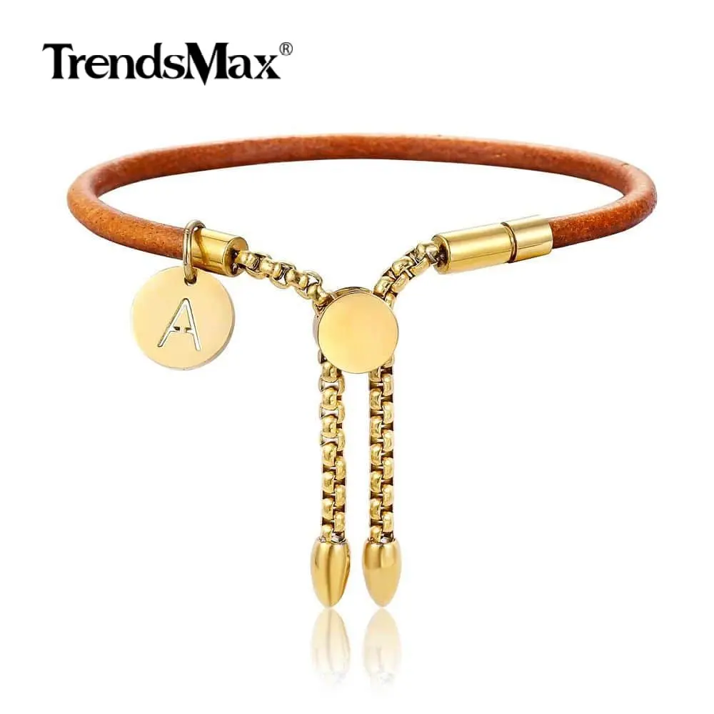 Women Girls Initial Letter A-Z Charm Bracelet Wooden Beaded Stretch Brown Genuine Leather Bracelets Adjustable Jewelry DLB180 | Украшения и
