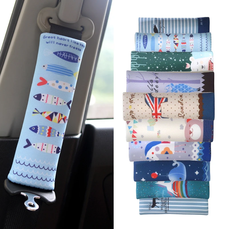 2 Pcs 21.5*6.5cm Fashion Cartoon Pattern Car Seat Belt Cover Breathable Sweat-absorbent Cotton Protective Cover Car Accessories