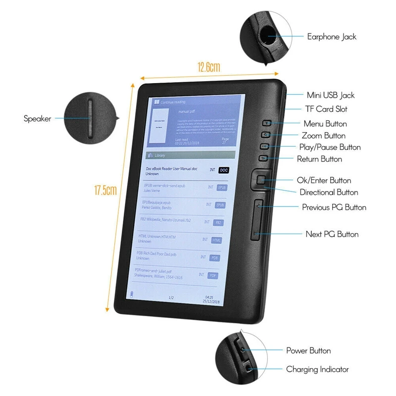  LCD 7 Inch Ebook Reader Color Screen Smart with HD Resolution Digital E-Book Video MP3 Music Player