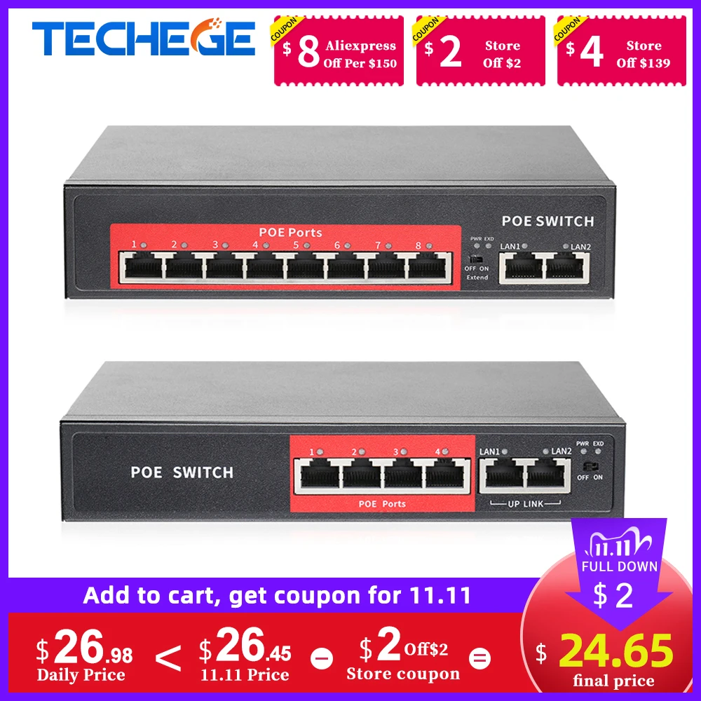 

Techege 48V Network POE Switch With 4/8 10/100Mbps Ports IEEE 802.3 af/at Over Ethernet IP Camera/Wireless AP/CCTV Camera System