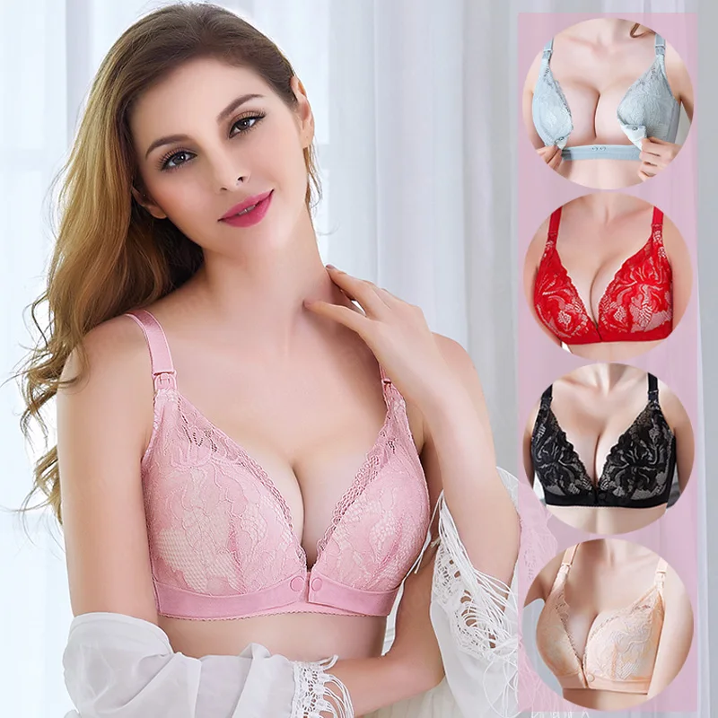 Women's Lace Nursing Bra Wirefree Padded Maternity Bralette V Neck for  Breastfeeding Front Button Open Pregnant Bra,Pink 80B