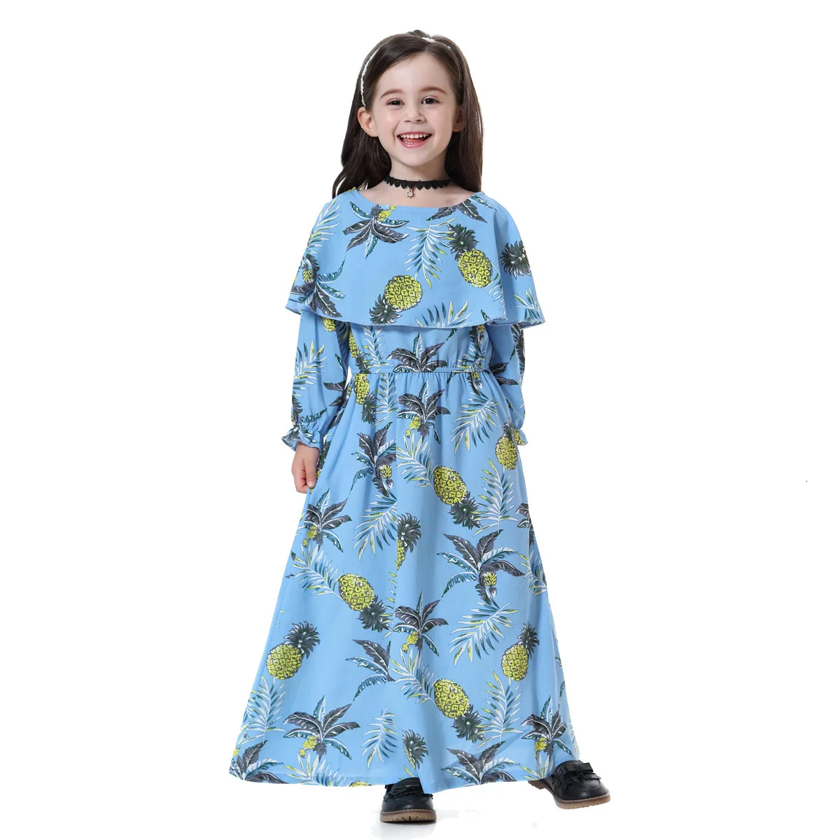 Мусульманское платье с цветочным принтом для девочек, abaya, Дубай, Ближний Восток, арабское мусульманское платье с длинными рукавами детские