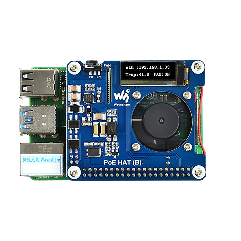 Waveshare Power Over Ethernet (PoE) HAT For Raspberry Pi 4B/3B+, 802.3af/at PoE Network Standard, 5V USB-A&12V Header Outputs, PoE HAT Onboard Cooling Fan And MP8676 Buck Chip, Isolated