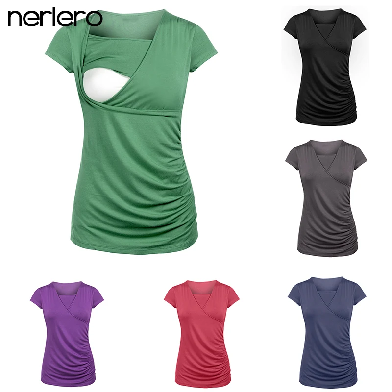 Women's Maternity Nursing Wrap Top Cotton Tees Double Layer Blouse T