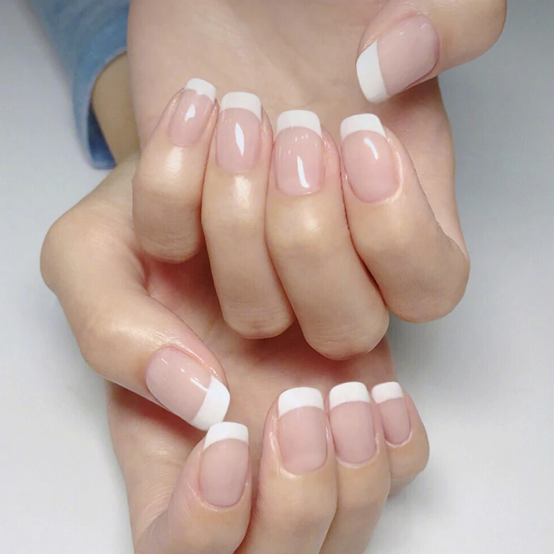 24pcs Light Pink Color French Style Fake Nails Full Cover Detachable Wedding Bride False Nail Tips Manicure Tool With Glue | Красота и