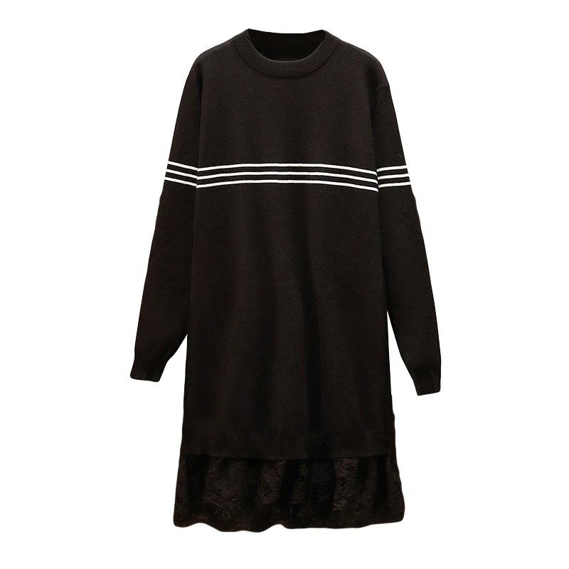 

Long Sleeve Women's Knit Black Big Dress 2019 Autumn Winter Fashion Lady's knit Pullover Solid Casual Loose Straight Dress