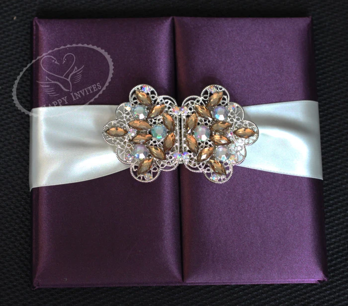 HI2003-99 Custom Dark Purple Silk Folder Wedding Invitation with Gold Foiling Printing Made in China More Colors Available Factory Price