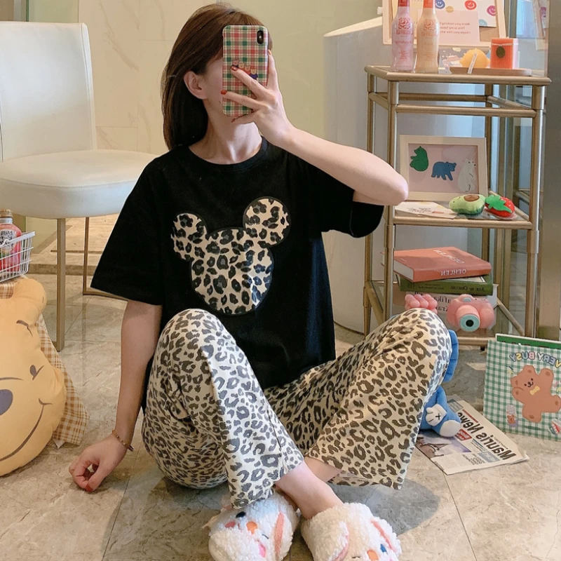 ディズニーミッキーマウスおかしいトップスとヒョウパンツパジャマ女性のためのソフト2個ホームウェアカジュアルホーム女性の夏の パジャマセット Aliexpress