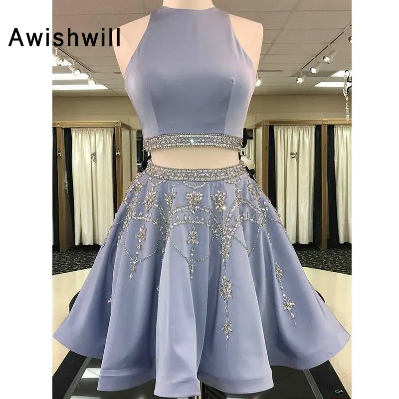 

New Arrival Two Pieces Homecoming Dresses Beaded Satin A-line Keyhole Back Short Prom Dress Juniors Graduation Dress