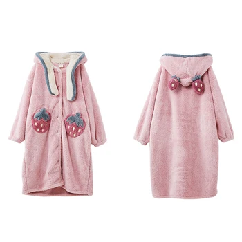 

PERHAPS U women pink coral velvet pajamas robes hooded Strawberry sleepwear warm Homewear thicken winter Korean A0007