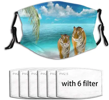 

3d Beach Tiger Dust-Proof Face Mask Novelty Windproof Mouth Face Cover Reusable Comfortable Adjustable Protection With 6 Filter
