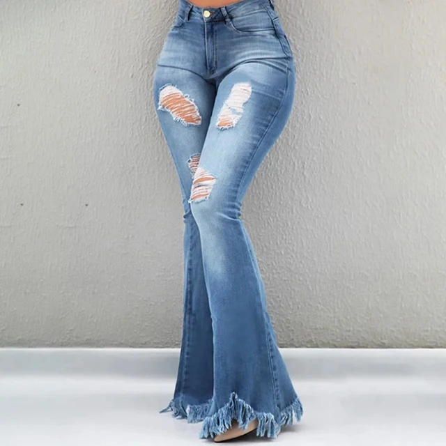 US $22.60 Plus Size Flare Jeans High Waist Wide Leg Jeans Woman Summer Thin Ripped Push Up Denim Pants Long B