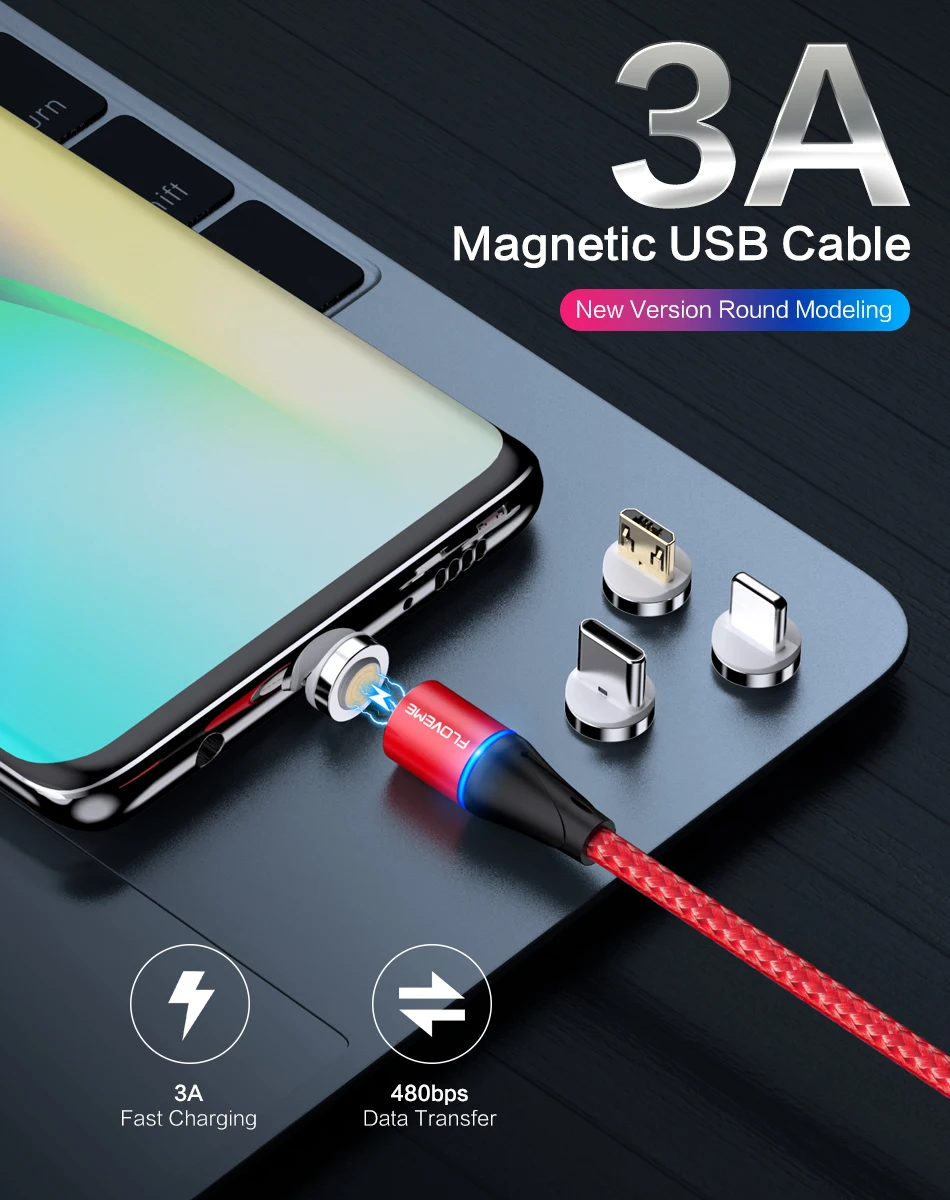 Магнитный usb-кабель FLOVEME 3A для быстрой зарядки, кабель USB type C, Магнитный зарядный кабель Micro usb для iPhone, samsung Galaxy S9, Xiaomi