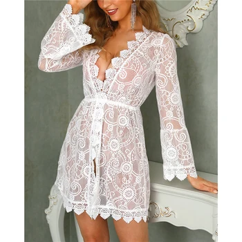 

Sexy V-Neck Lace Sleepwear Women Nightdress Long Sleeve Nightgowns Lingerie Babydoll Underwear Plus Size