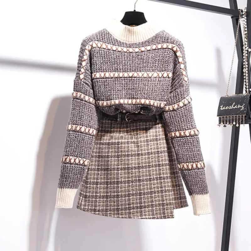 Клетчатая мини-юбка Женский комплект 2 шт. зимняя одежда вязаный свитер из двух