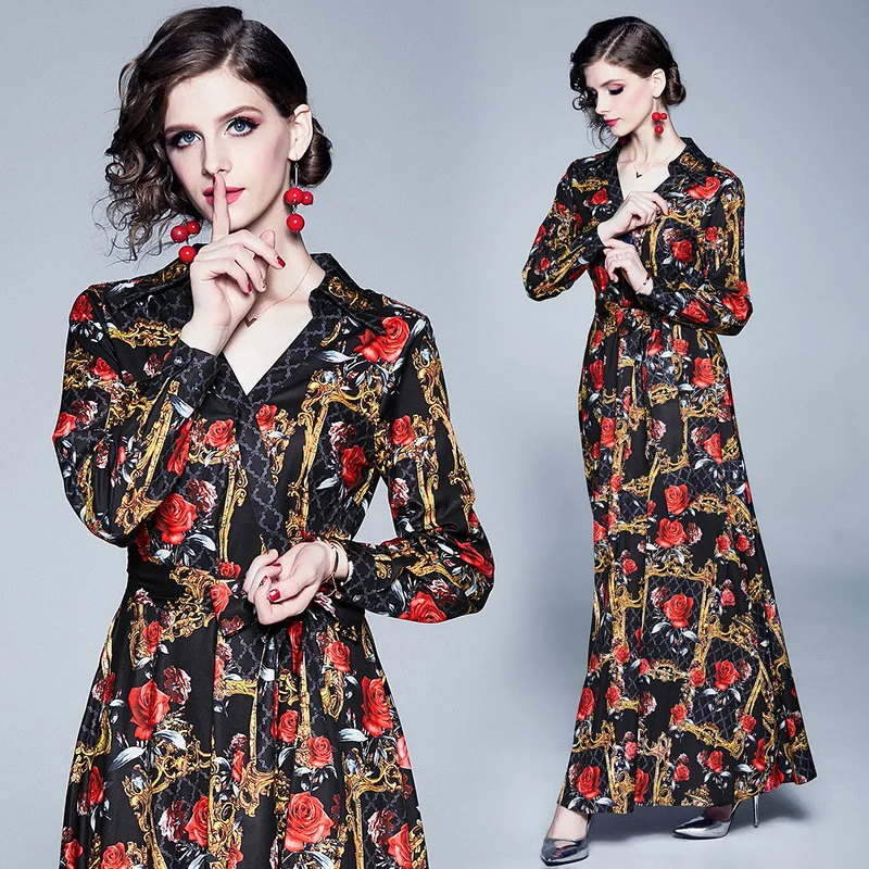 

Photo Shoot 3526 # Europe And America New Style V-neck Elegant Printed Waist Hugging Lace-up Long Sleeve Long Skirts Dress