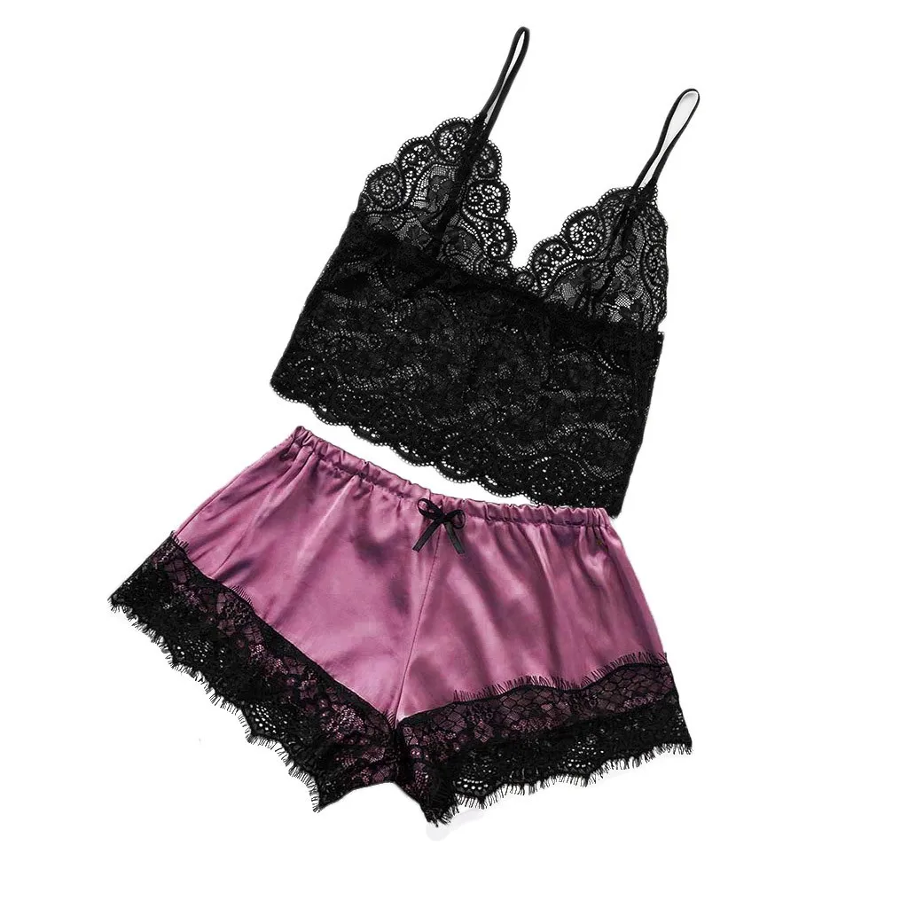 Hot Pink Домашняя сексуальная одежда для женщин, атласная кружевная майка с v-образным вырезом, шорты с бантиком, комплект Пижамы, Пижамы, женское белье, Пижамы - Цвет: Hot Pink