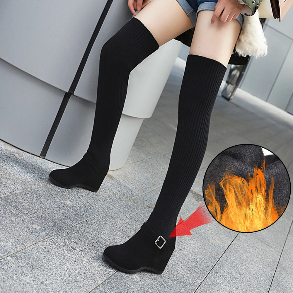 

Plus Size 34-43 Winter Over The Knee Boots Women Stretch Fabric Flats Height Increasing Sexy Woman Shoes Long Bota Zapatos Mujer