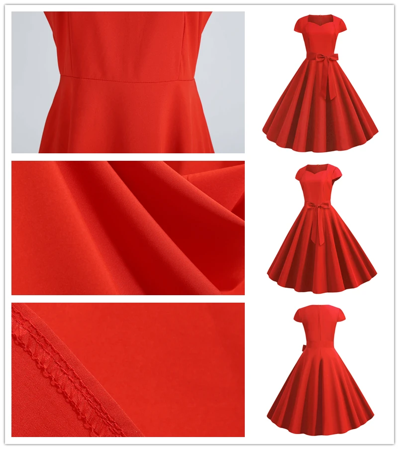 Bebovisi Новинка Лето 50s 60s винтажное женское платье Shein однотонное красное вино с коротким рукавом квадратный воротник элегантные вечерние платья