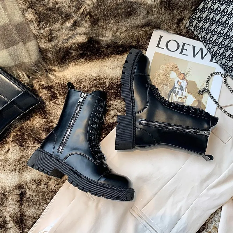 women'sBoots Shoes Boots Female women shoes 2020 New Autumn British Wind Genuine Leather Thick With Short Boots Motorcycle40