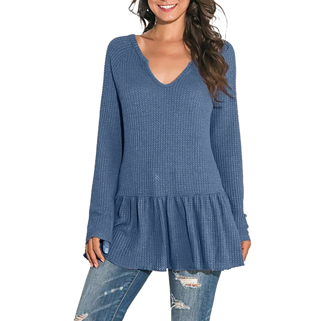 Poleras mujer de moda camiseta mujer Футболка женская Повседневная Однотонная футболка с длинным рукавом и v-образным вырезом Топы с оборками женская футболка