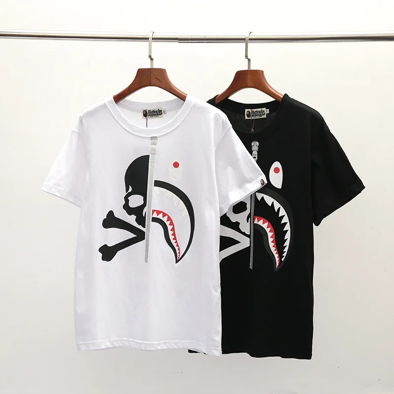 

2019 Spring And Summer Large Size Skull Shark Pattern Cool Printed round Neckline T-shirt Pure Cotton Casual Short Sleeve Base S