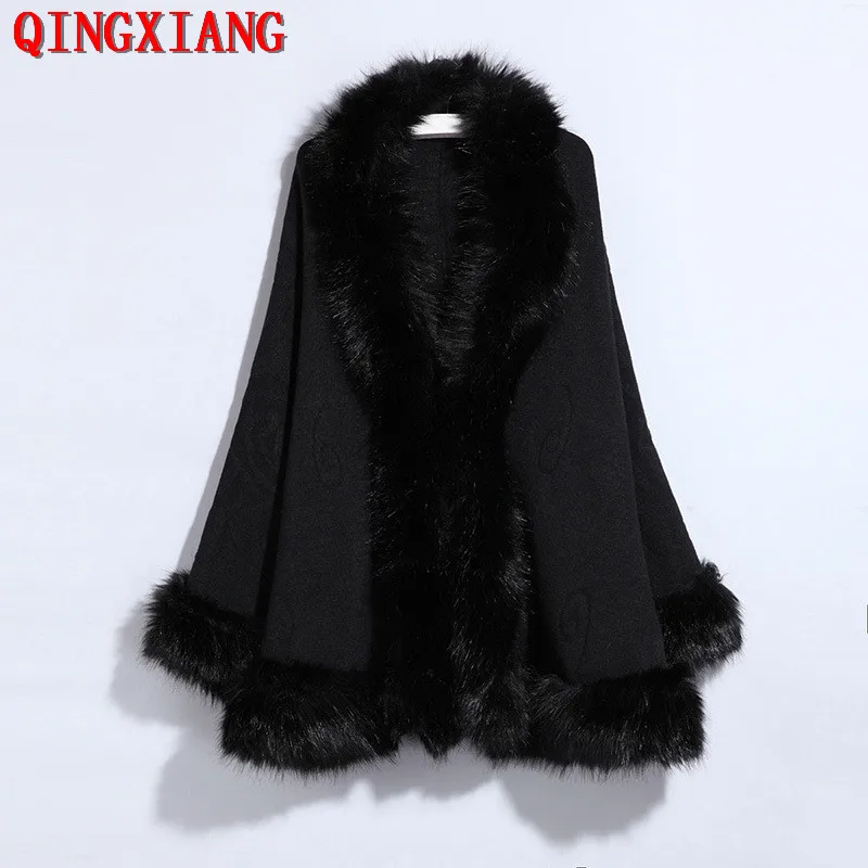 SC371 13 цветов белый открытый стежок с длинными рукавами шаль образец черное пончо большой искусственный Лисий меховой для шеи плащ вязаное пальто