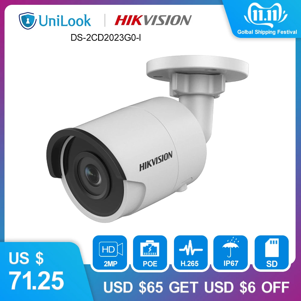 

Hikvision 2MP Bullet POE IP Camera 2.8/4/6mm Fixed Lens H.265+ Built-in SD Card Slot Outdoor Weatherproof IP67 DS-2CD2023G0-I