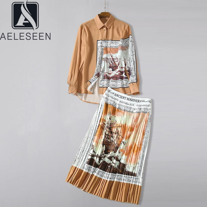 

AELESEEN 2020 Spring Autumn Boho Set Suit Runway Club Outfits Long Sleeve Print Blouses + Pleated Skirt Suit Women 2 Piece Women