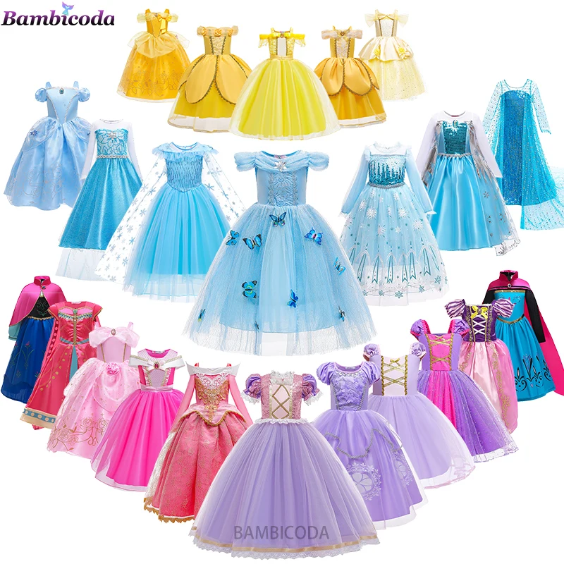 Girl Rapunzel Dress Sleeping Beauty Princess Dresses Cosplay Costume Snow Christmas Halloween Children Party Clothes Cinderella