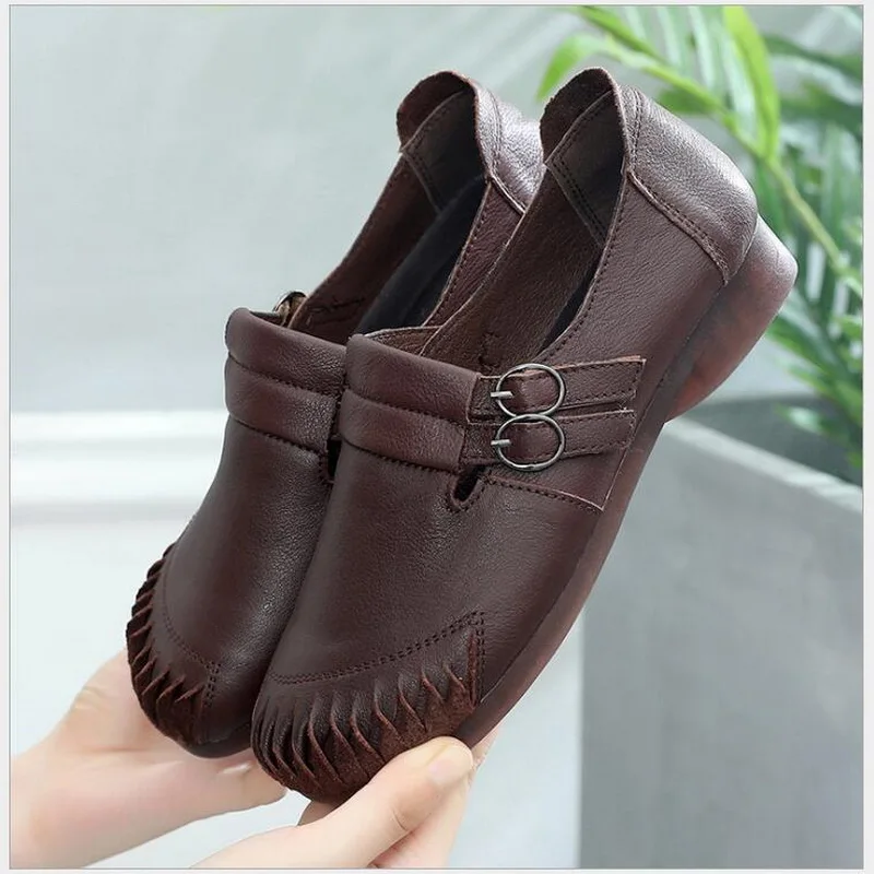 Spring Flat Shoes Woman Retro Flats Women Casual Shoes Genuine Leather Soft Bottom Fashion Ladies Leather Shoes Size 41