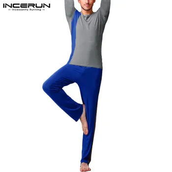 

Men Fashion Patchwork Pajamas Sets Long Sleeve O Neck Top Drawstring Pants Sleepwear Sets Leisure Cozy Homewear Suit 5XL INCERUN