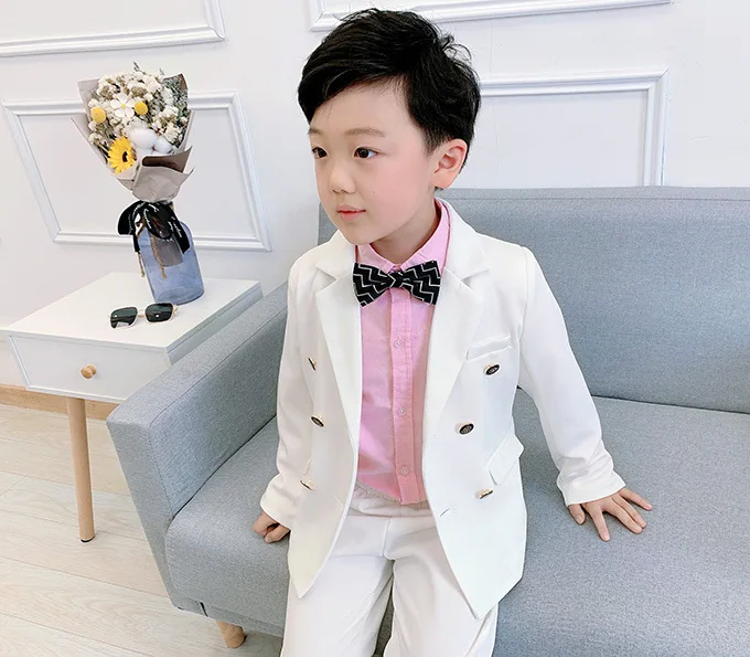 

Flower Boys White Blazer Jacket+Pants 2Pcs Clothing Set Gentleman Kids Formal Wedding Suit Children Performance Graduation Dress