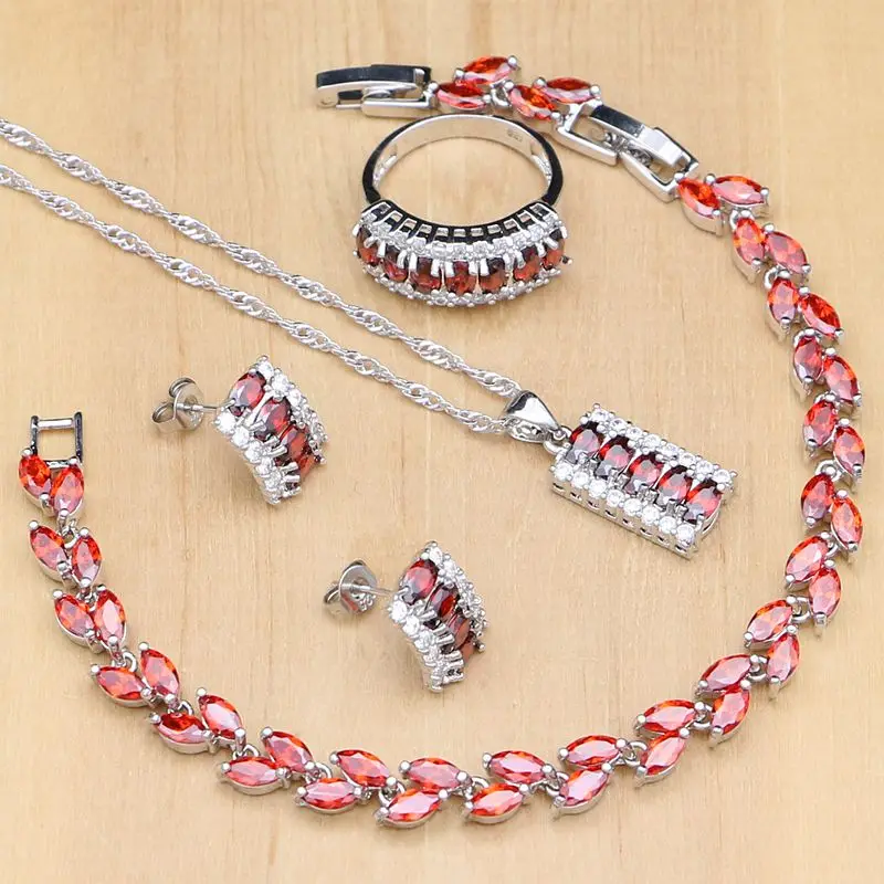 luxury Silver 925 Jewelry Sets Red Cubic Zirconia White Crystal Bijoux Kits For Women Earrings/Pendant/Necklace/Rings/Bracelet | Украшения